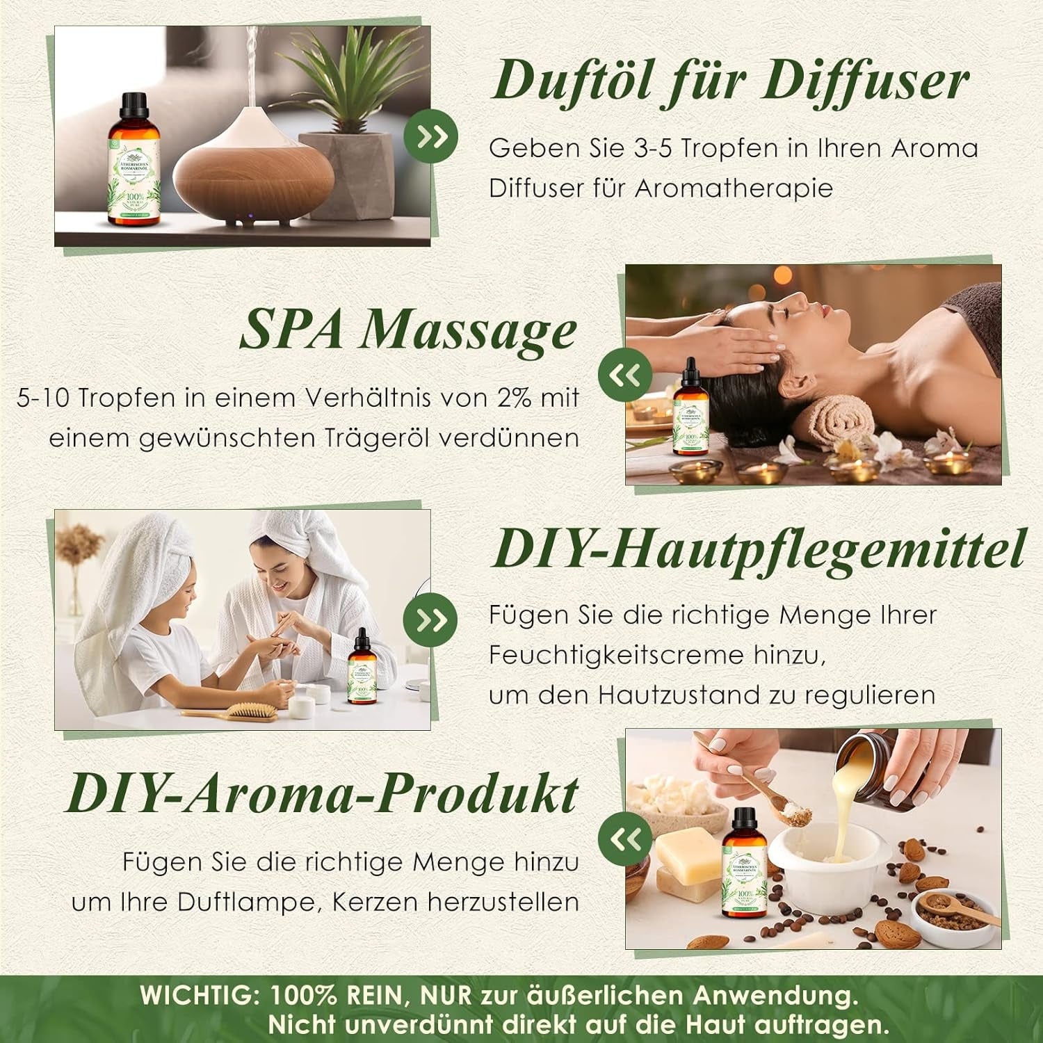 Rosmarinöl Haare Haaröl 100ml, 100% Natürlich gegen Haarausfall, für Haarwachstum und Aromatherapie, Reines Rosemary Oil für Diffuser, Duftlampe