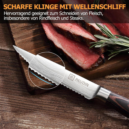 Steakmesser Set 6-teilig Edelstahl Gezackte Klinge Holzgriff Geschenkbox