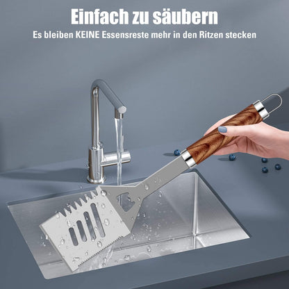 26 teiliges Edelstahl Grillbesteckset im Koffer Ideale Geschenke für Männer Inklusive Grill Zubehör und Fleischthermometer mit Holzoptik Griffen