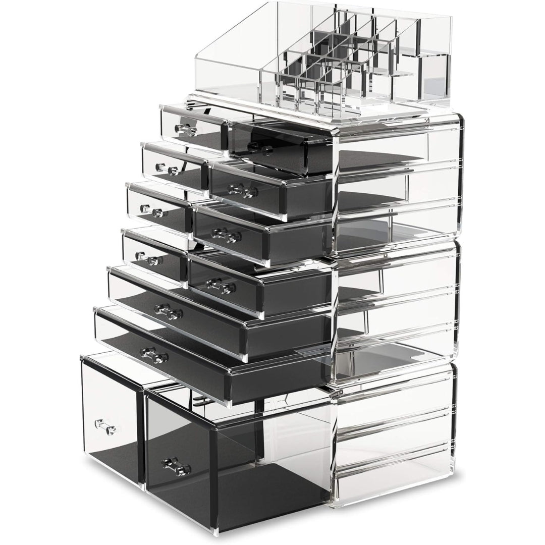 XXL Makeup Organizer Transparent 4 Lagen 28 Schubladen 16 Fächer Acryl Groß Schminkaufbewahrung Elegantes Design für Schlafzimmer Badezimmer