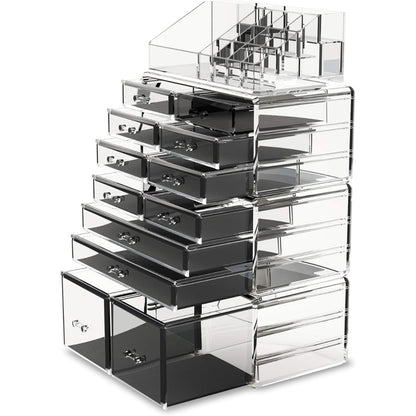 XXL Makeup Organizer Transparent 4 Lagen 28 Schubladen 16 Fächer Acryl Groß Schminkaufbewahrung Elegantes Design für Schlafzimmer Badezimmer