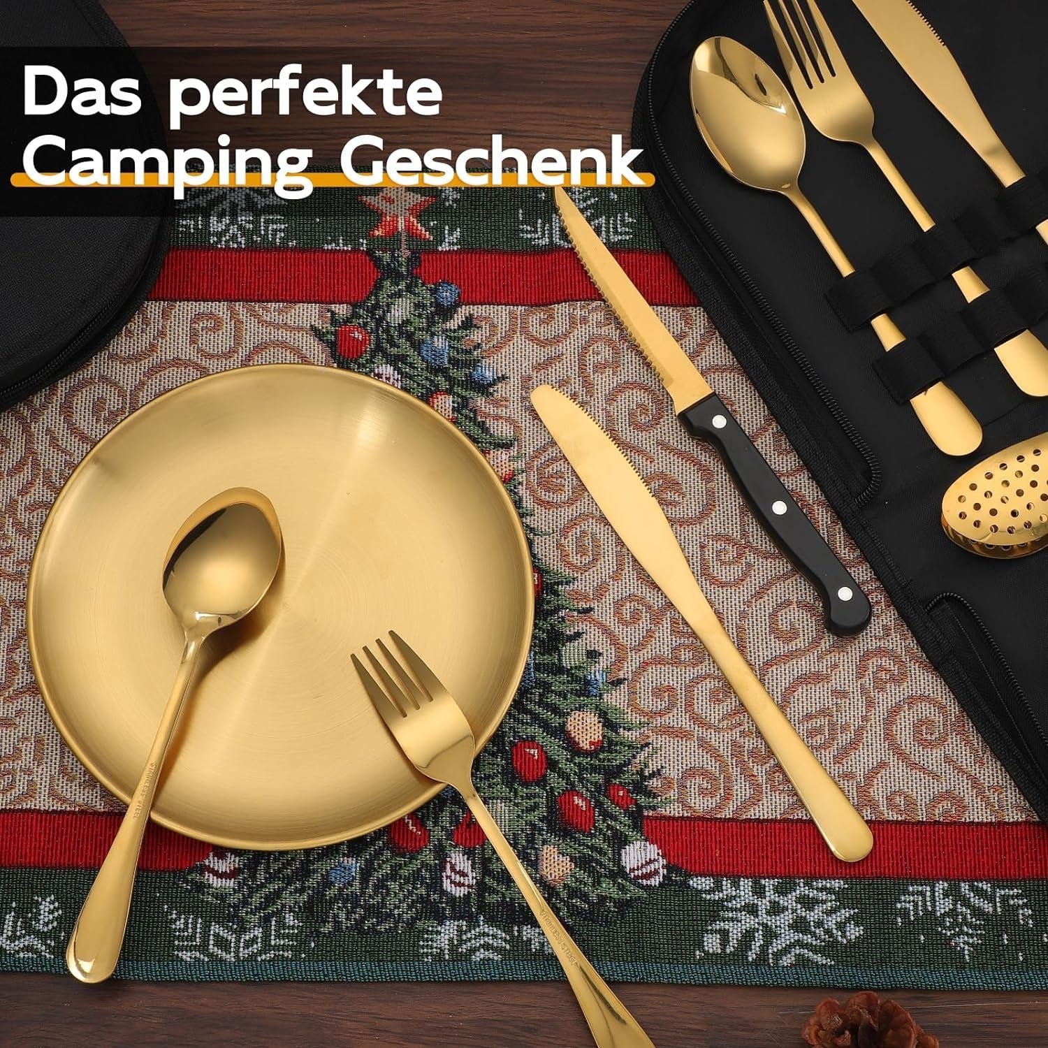 Camping Geschirrset Gold Besteck für 2 Outdoor Edelstahl Camping Zubehör Set
