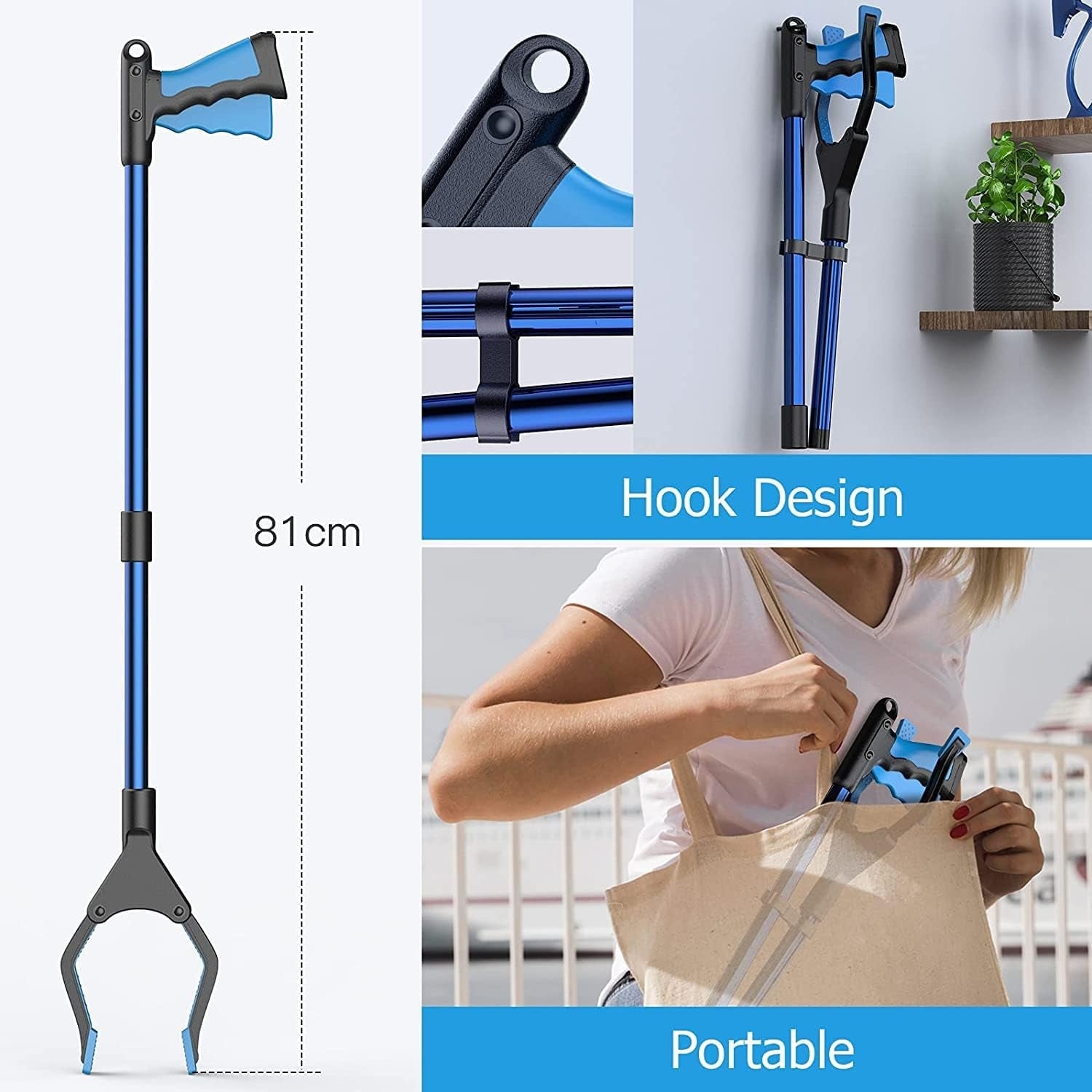 Greifzange für Senioren Greifer Zange Teleskop 81cm Faltbar Drehkopf Blau
