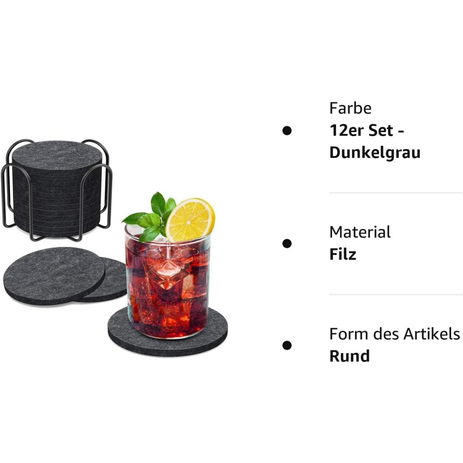Filzuntersetzer Rund Dunkelgrau 12er Set für Gläser Tassen Bar mit Halter