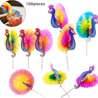 Cocktail Party Zubehör 100 Stück Deko Sticks Papier Pfau Farbmischung