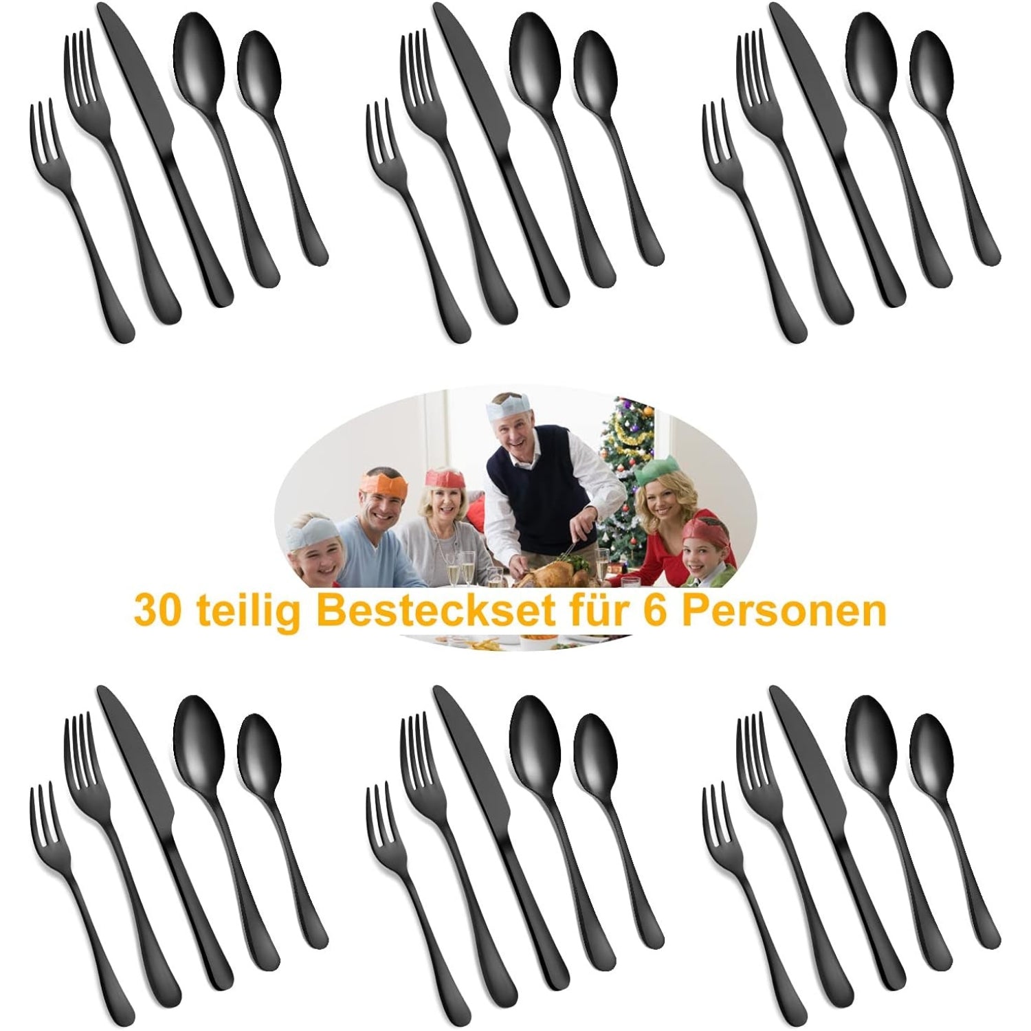 Besteck Set 6 Personen 30 teilig Schwarz Matt Essbesteck Messer Gabel Löffel