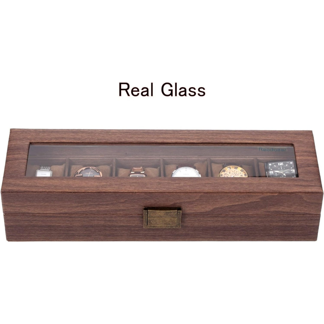 Vintage Uhrenaufbewahrungsbox für 6 Uhren aus Kunstleder mit Holzmuster Elegantes Design Perfekt für Uhrensammler