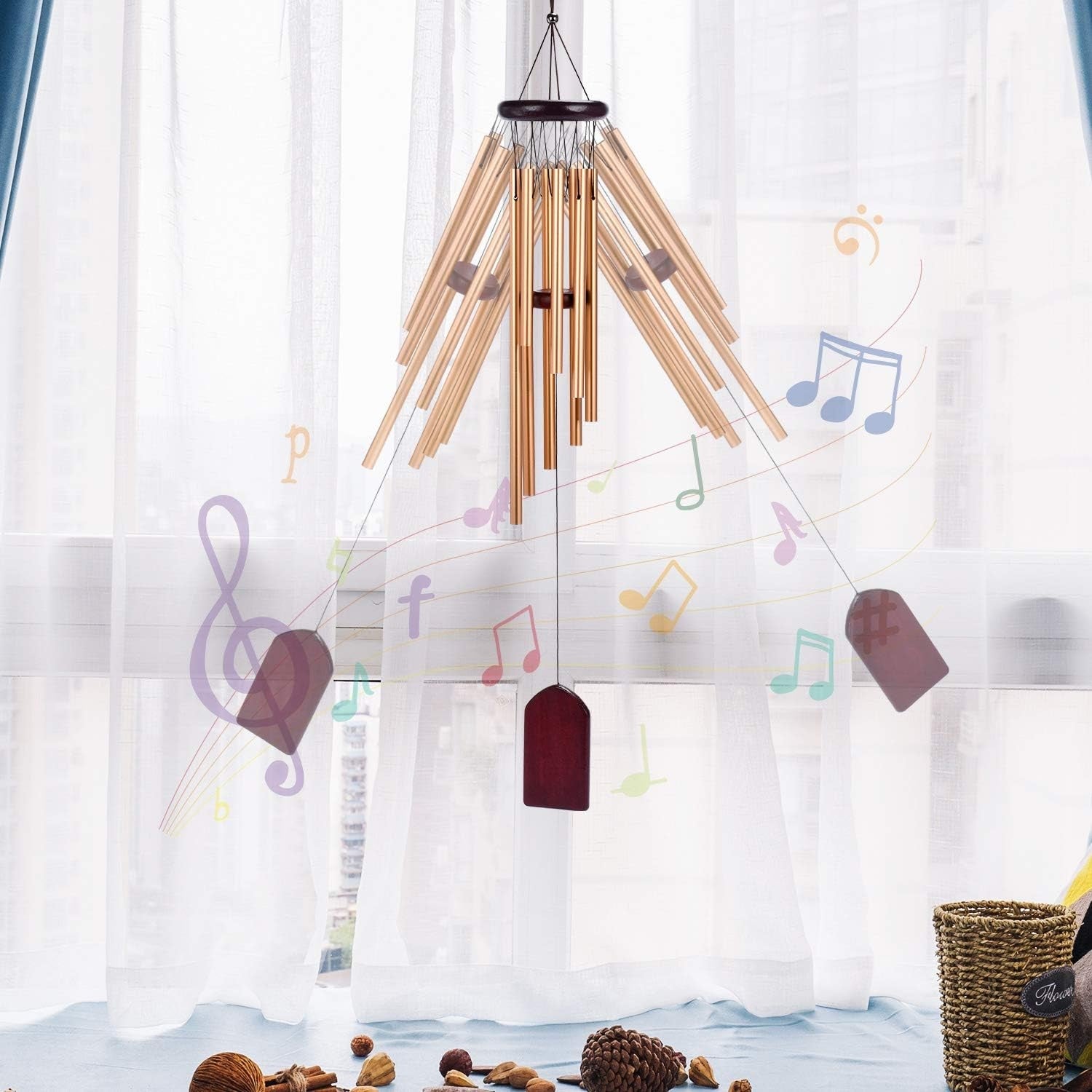 Windspiele für Draußen Garten Balkon 8 Aluminiumlegierungsrohre Metall Rosegold Beruhigende Elfentöne Glücksbambus Symbol Geschenkidee