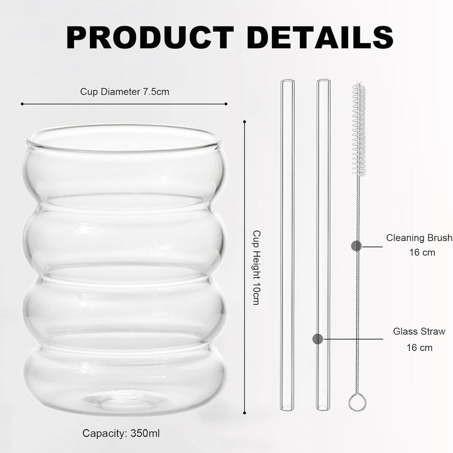 6er Set 350ml Gerippte Cocktailgläser Longdrinkgläser mit Glasstrohhalmen
