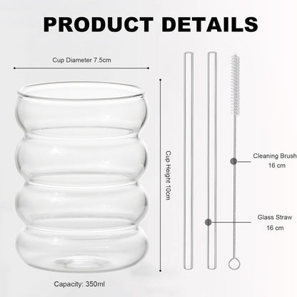 6er Set 350ml Gerippte Cocktailgläser Longdrinkgläser mit Glasstrohhalmen