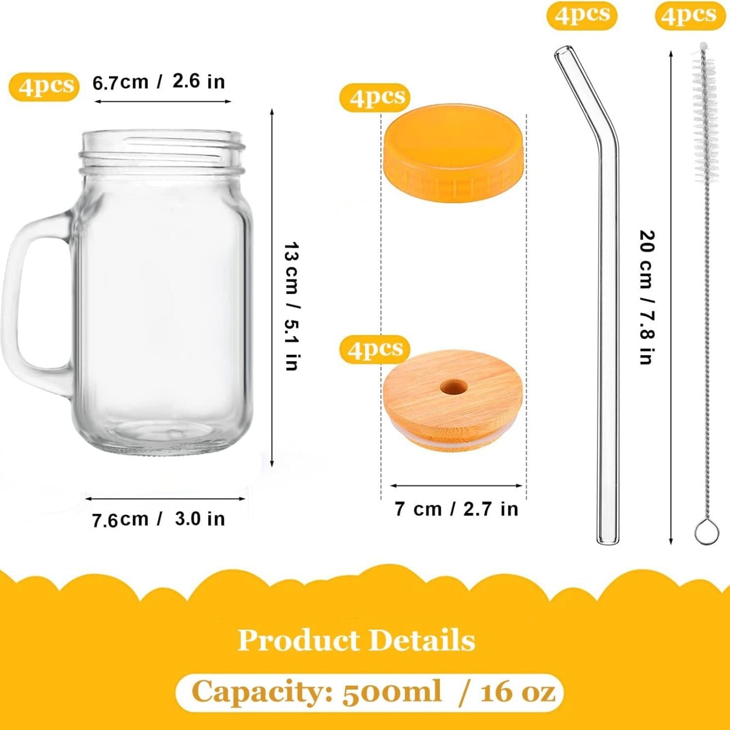 XL Cocktailgläser mit Henkel und Deckel 500ml mit Glasstrohalme und Bürste 4stk