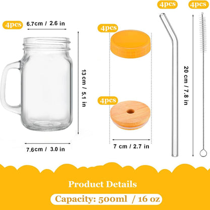 XL Cocktailgläser mit Henkel und Deckel 500ml mit Glasstrohalme und Bürste 4stk