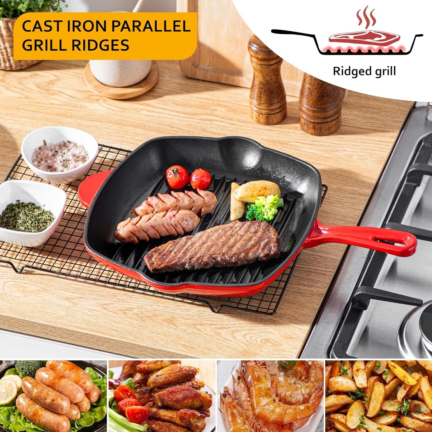 Grillpfanne Gusseisen Premium Ohne Beschichtung für Steak & BBQ Emailliert Rot