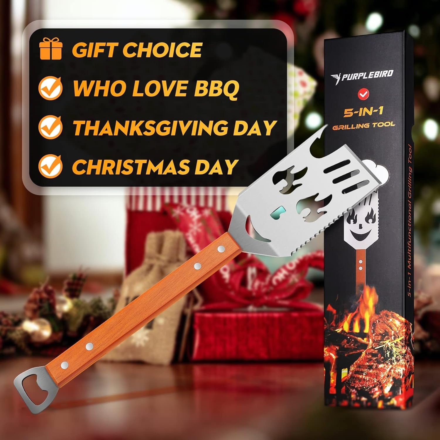 Geschenke für Männer 5 in 1 Grillwender Edelstahl Grillzubehör mit Holzgriff