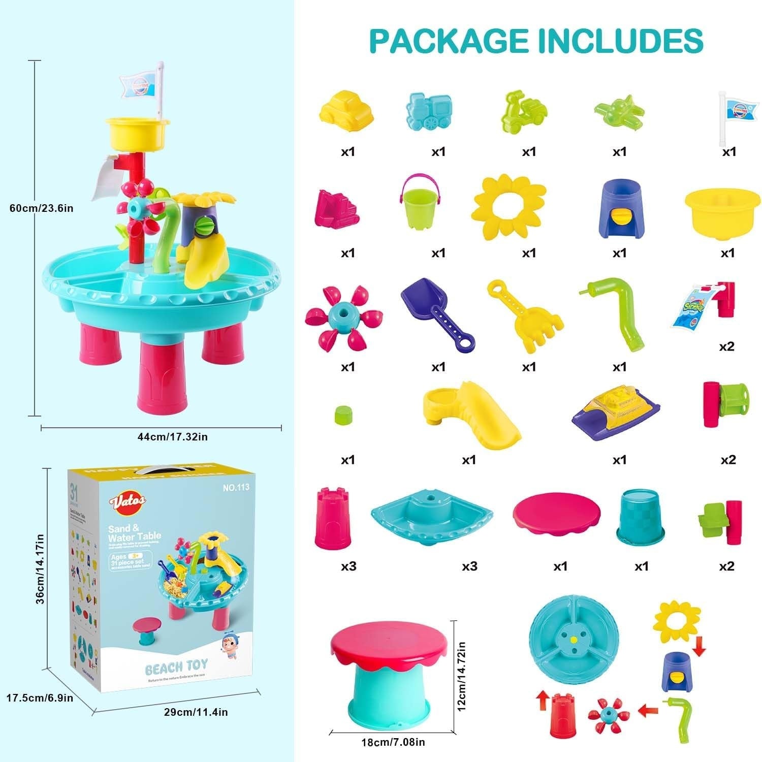 Wasserspieltisch Wasserspielzeug Kinder 3 in 1 Sand Wassertisch 31 Stück Set