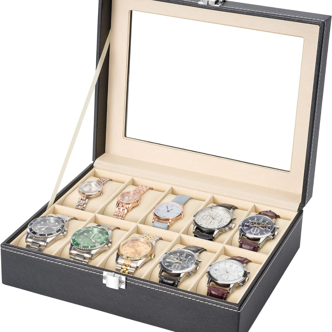 Uhrenbox für 10 Uhren aus PU-Leder mit Glasdeckel Schwarz Samtfütterung zur perfekten Ausstellung von Armbanduhren 25x20x8 CM