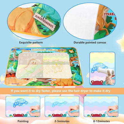 XXL Wasser Doodle Matte mit Dinosaurier Design 120x90cm Aqua Zeichenmatte ab 2Jahre mit Wasserstift und Kreativzubehör Spielzeug Geschenk für Kinder