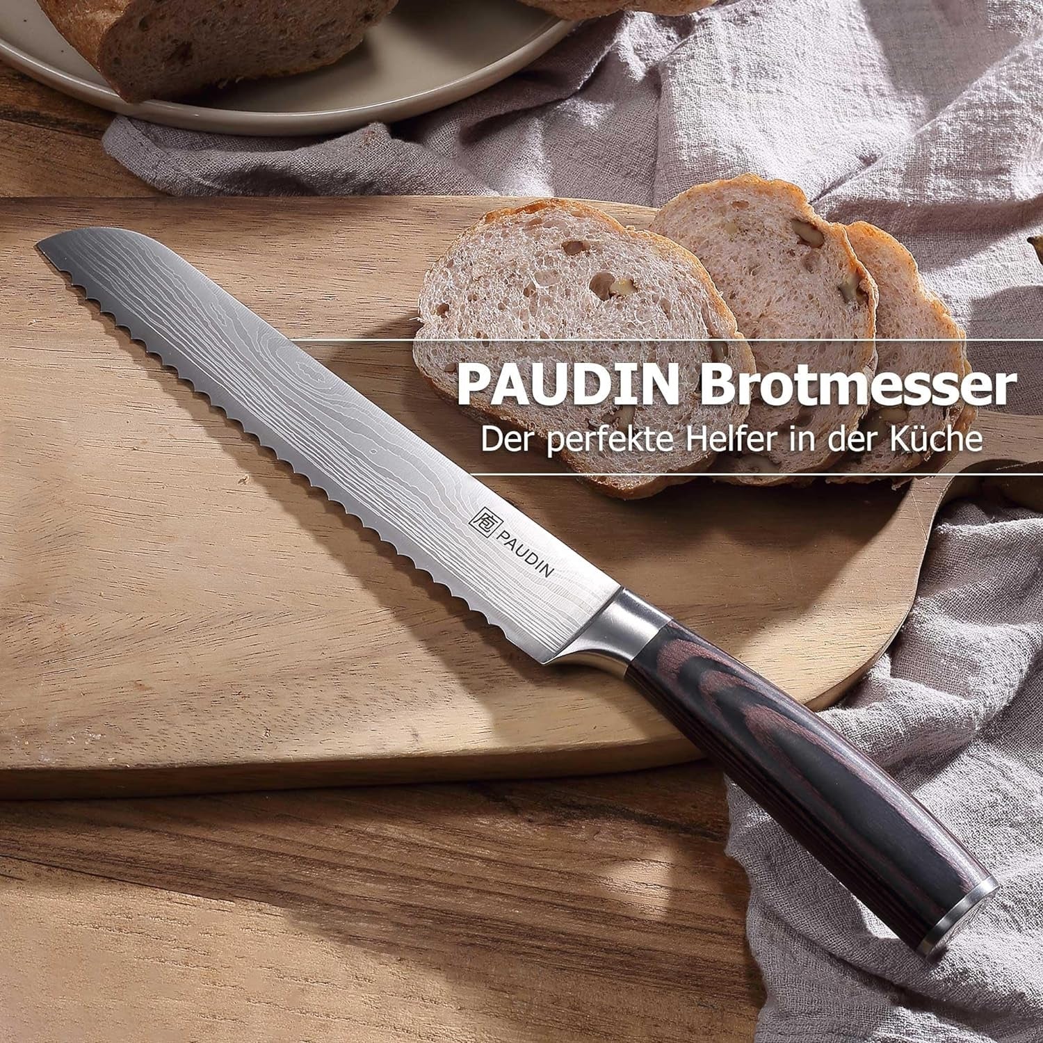 Brotmesser 20 cm Edelstahl Küchenmesser mit Wellenschliff Holz Griff