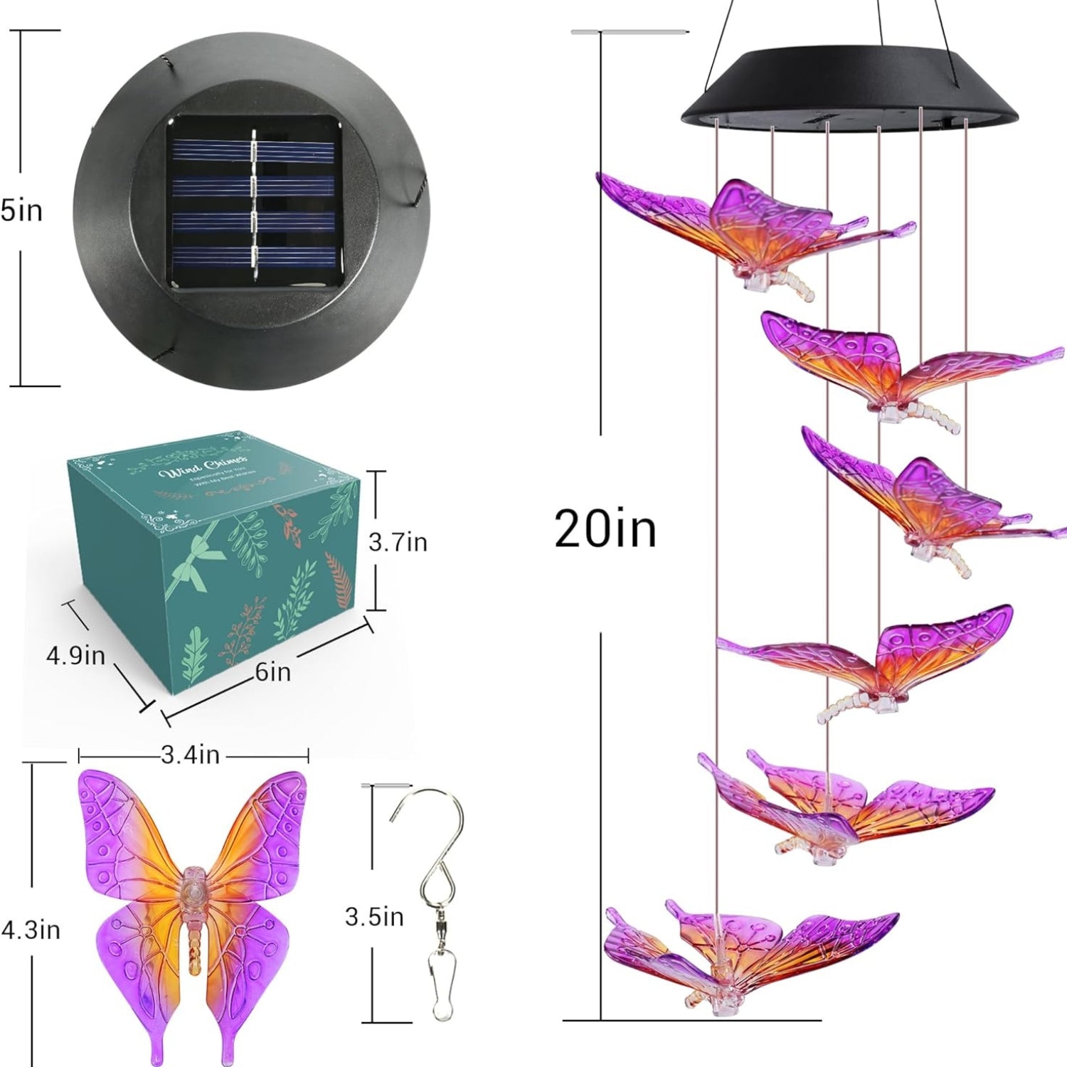 Lila Schmetterling Solar Windspiel 6 LED Farbwechsel Draußen Wasserdicht
