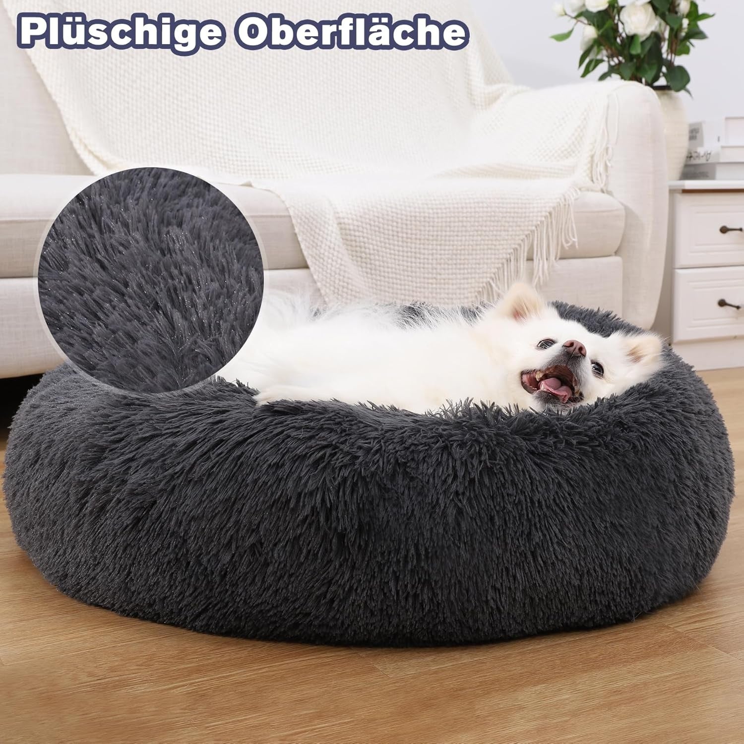 Flauschiges Hundebett Rund Ø 60 cm Donut Hundekissen waschbar dunkelgrau