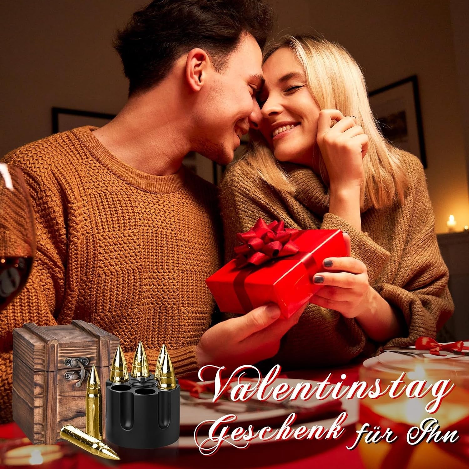 Whiskey Steine Set in Goldener Patronenform Geschenke für Männer mit Glas und Holzkiste Geburtstag Geschenkidee Geschenke für Männer Whiskey Set