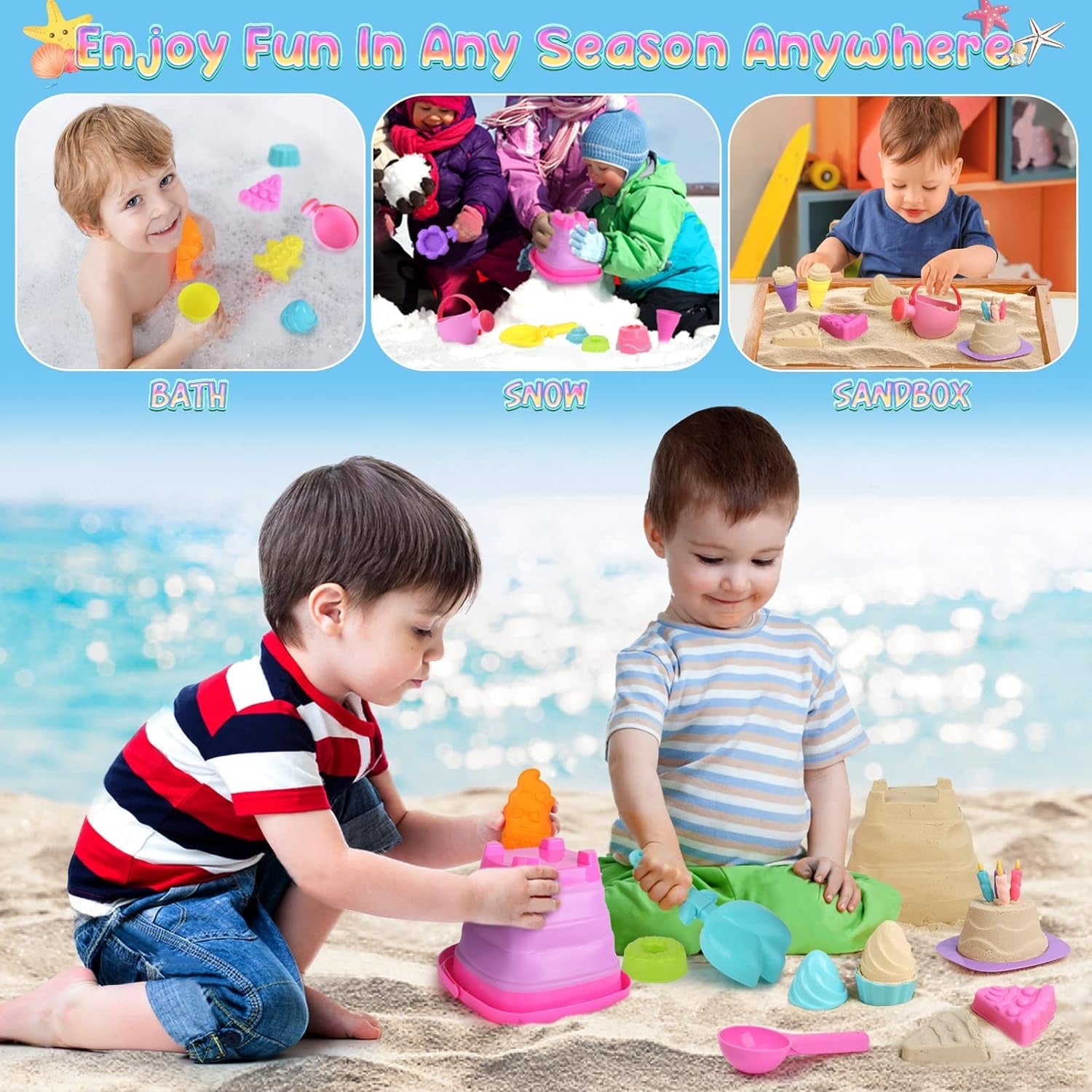 46 Stück Sandkasten Spielzeug Eis Mädchen und Junge Strandspielzeug Set inkl. 4 Sandschaufel, Eimer, Sandformen, Netzbeutel - Perfekt für den Strand