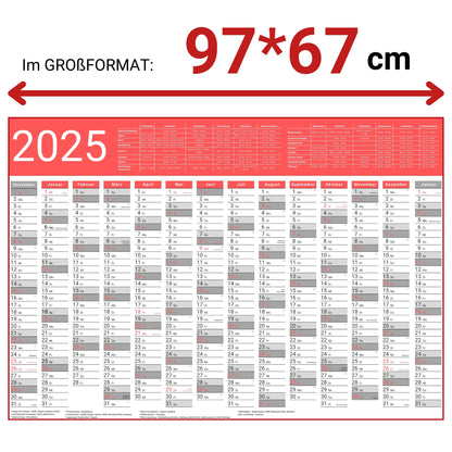 Kalender 2025 Wandkalender groß | Familienkalender | Jahreskalender 97x67 cm | Inkl. Feiertage nach Bundesländern | Wochenplaner
