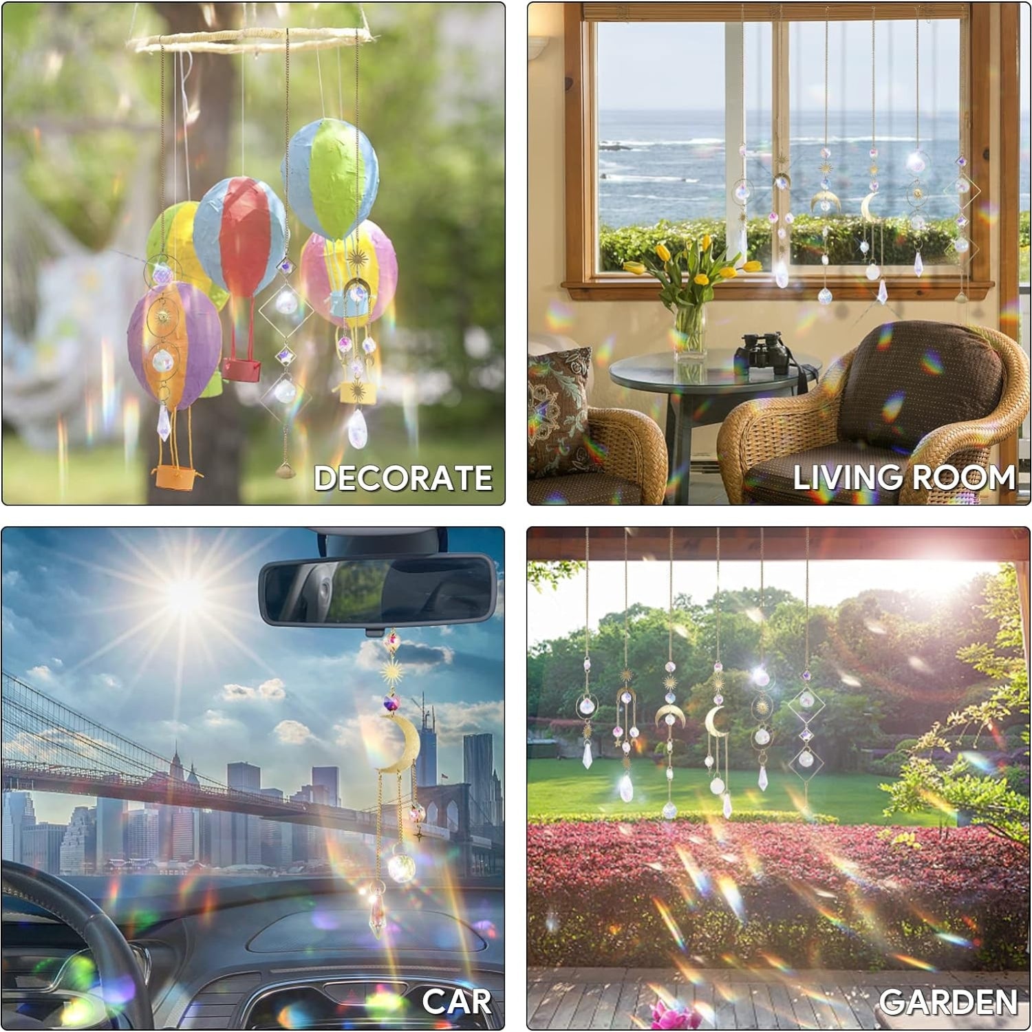 6 Stück Sonnenfänger Kristall Fenster Hanging Windspiel mit Sonne Mond Sternen Design Regenbogen Prismen für Haus Garten Party Hochzeit 40cm