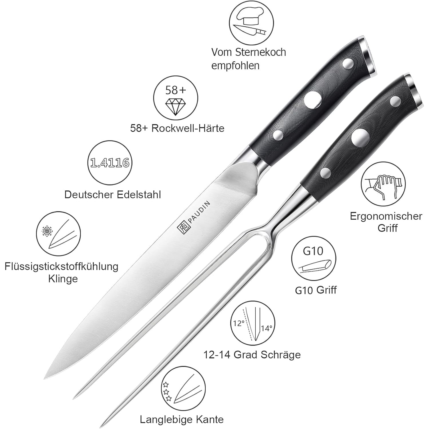 Küchenmesserset mit Fleischmesser 20 cm Fleischgabel 18 cm deutschem Edelstahl