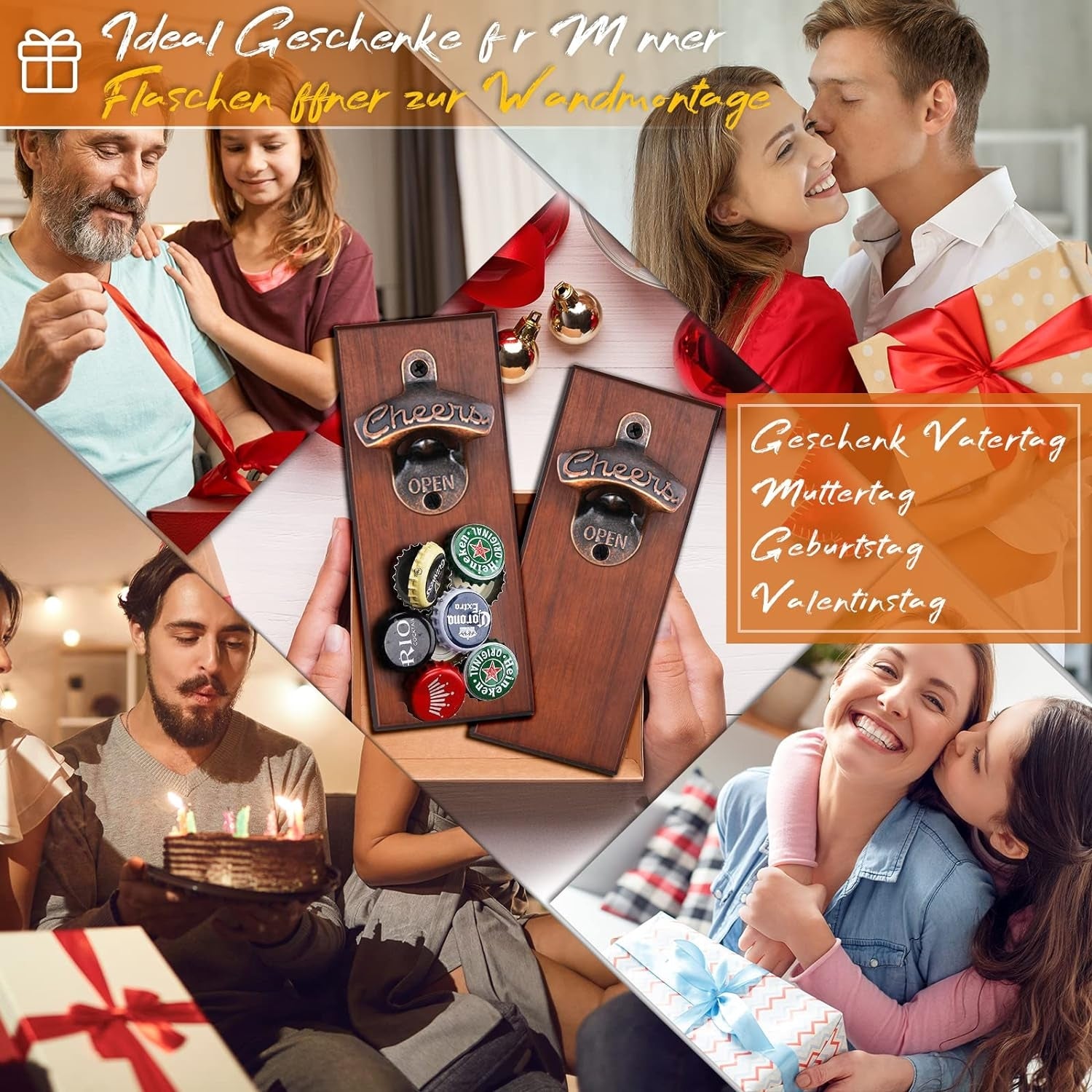 Flaschenöffner Wand Holz mit Magnetfunktion - Perfekt für Valentinstag, Geburtstag, ohne Schrauben, Vintage Design, Biergeschenk für Ihn