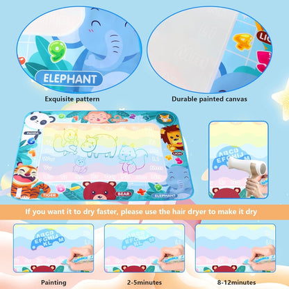Wasser Doodle Matte XXL 120x90cm Tiere Design Aqua Malmatte Komplettset mit Wasserstift und Zubehör für 2-7 Jahre Junge Mädchen Spielzeug Geschenk