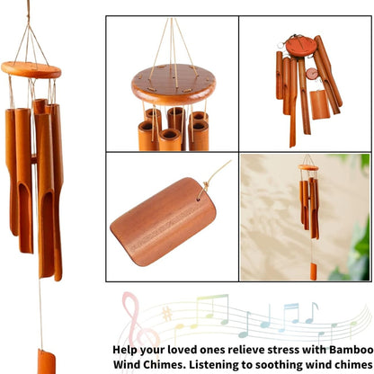 Bambus Windspiel Handgefertigt 6 Rohre Entspannende Naturklänge für Garten Dekor Inklusive S-Haken Perfektes Gedenk-Geschenk Umweltfreundlich