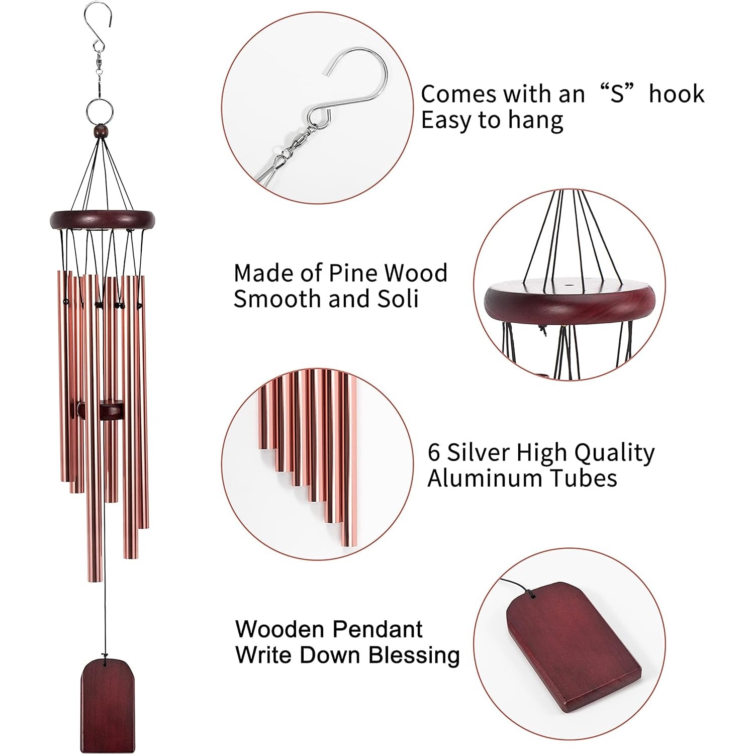 Windspiele Garten Außen 6 Aluminium Legierung Röhren Metall für Draußen Balkon Terrasse Hinterhof Home Decor Roségold Melodie und Wundervoller Klang