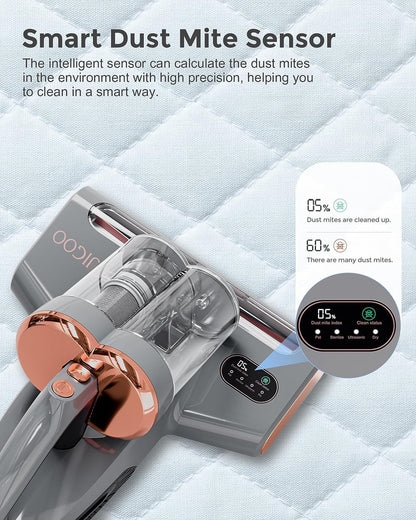 JIGOO S300 Pro Milbensauger mit Staubmilben-Sensor und Intelligente LED-Anzeige, 500W Milbenstaubsauger mit UV-Licht, Für Allergiker, entfernt 99,9% der Allergene, für Matratzen, Betten, Sofas