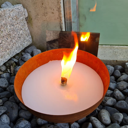 Schwabenfire Outdoorkerze mit Dauerdocht in Edelrost Metallschale kerzen deko