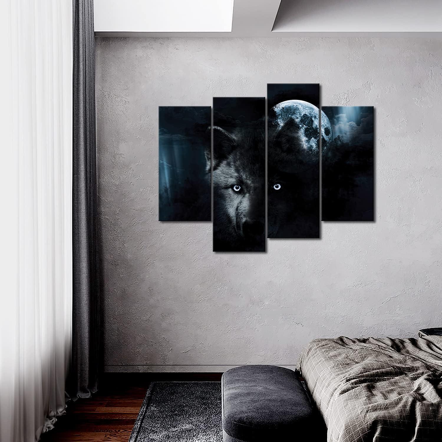 4 Schwarz Wolf Mond Wandkunst Druck Leinwand Tier Bilder