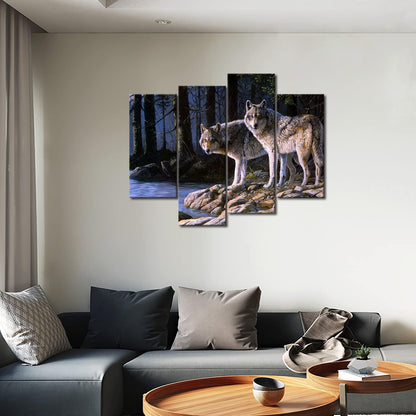 Wolf Wandbilder Leinwand 4-teilig Wald Tier Fluss Moderne Wohnzimmer Schlafzimmer décor