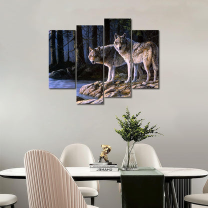 Moderne Wolf Tier Bilder Leinwand 4 Teilig Wald Fluss Wohnzimmer Schlafzimmer