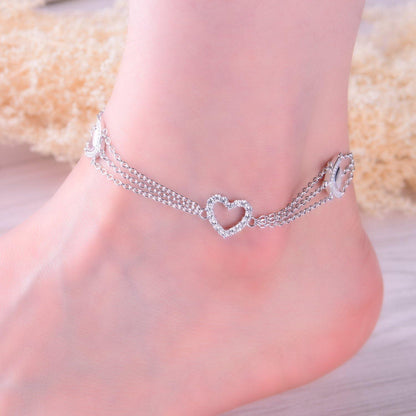 Herz Fußkettchen Silber 925 Zircon Mehrreihig Fußschmuck Damen