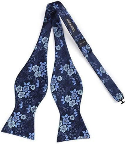 HISDERN Herren Blumen Jacquard Fliege und Einstecktuch Set Navy Blau