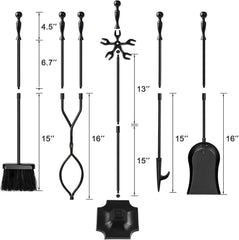 5-teiliges Kaminbesteck-Set aus Schmiedeeisen und Innenausstattung in Schwarz