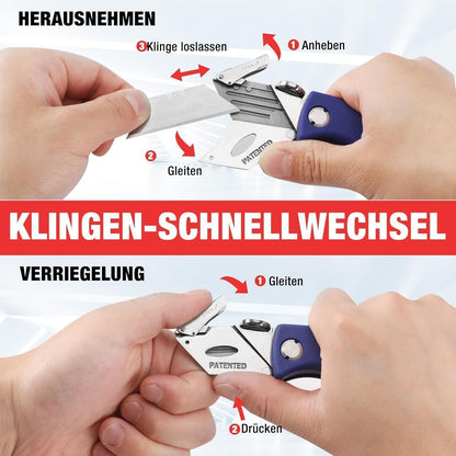 Faltbares Teppichmesser mit 5 Ersatzklingen & Gürtelclip