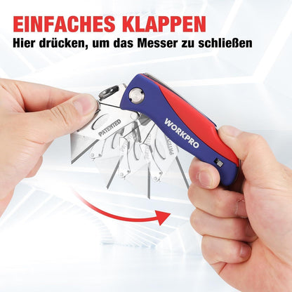 Faltbares Teppichmesser mit 5 Ersatzklingen & Gürtelclip