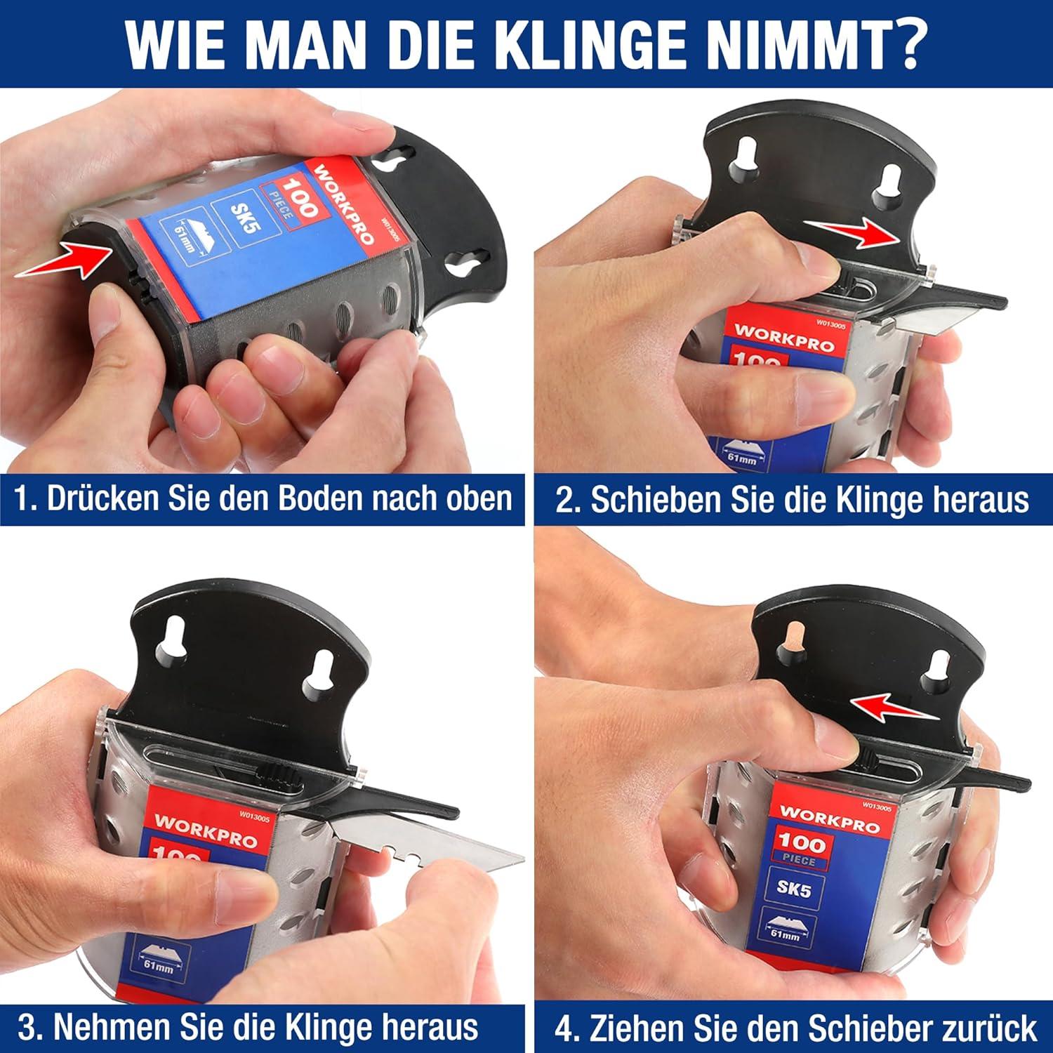 WORKPRO Trapezklingen Set 100-tlg. SK5 Edelstahl 0.6MM im Spender