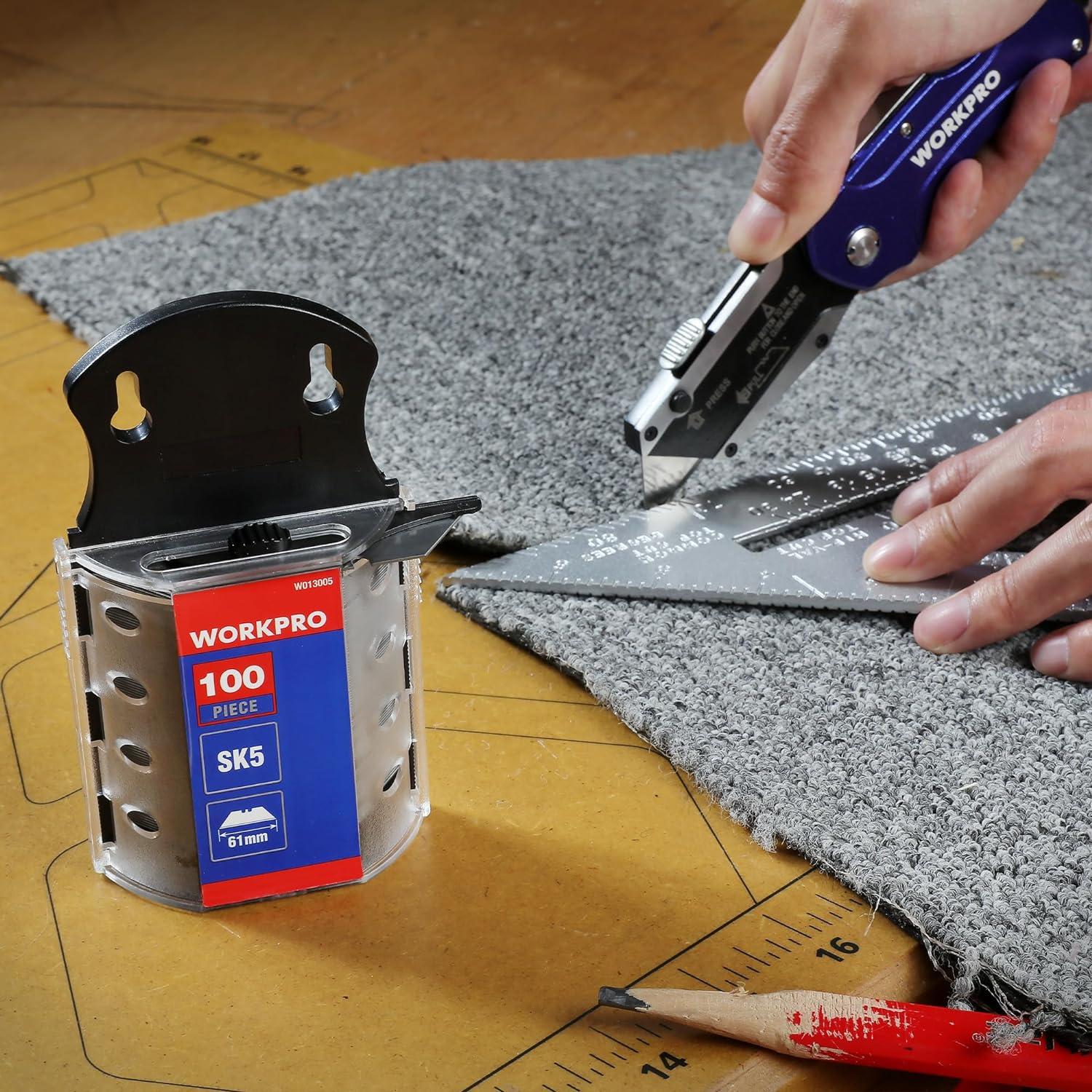 100-tlg. WORKPRO Trapezklingen Set 0,6MM SK5 Edelstahl Spender für Klappmesser