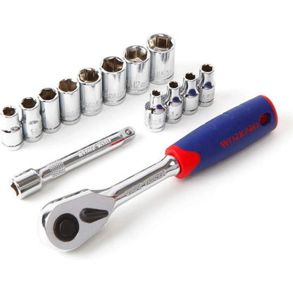 WORKPRO Steckschlüsselsatz 14tlg 4-13mm Cr-V Halter Verlängerung Umschaltknarre