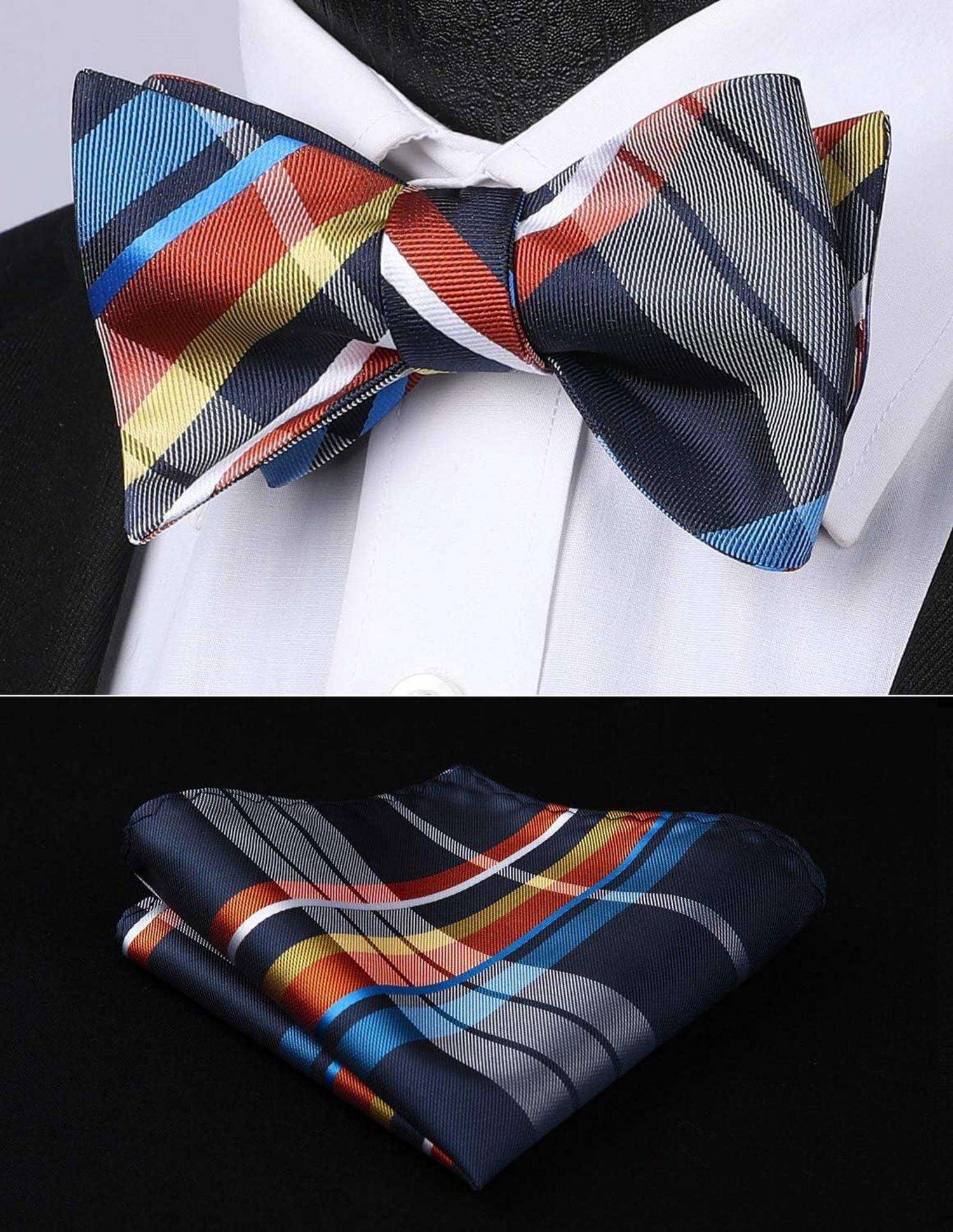 Herren Check Seide Fliege Taschentuch Set Hochzeit Party Orange Schwarz Blau