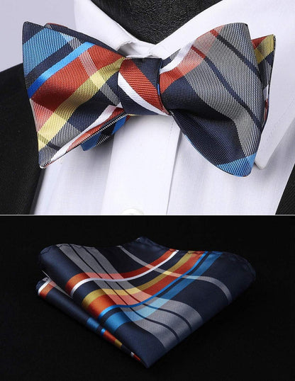 Herren Check Seide Fliege Taschentuch Set Hochzeit Party Orange Schwarz Blau