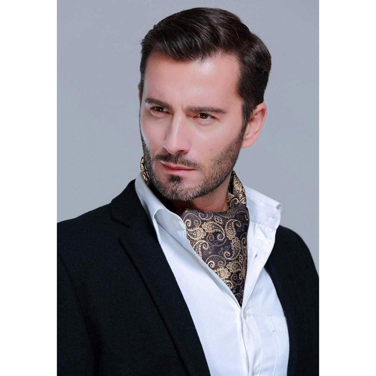 Herren Ascot Krawattenschal & Einstecktuch Set Gold/Marineblau