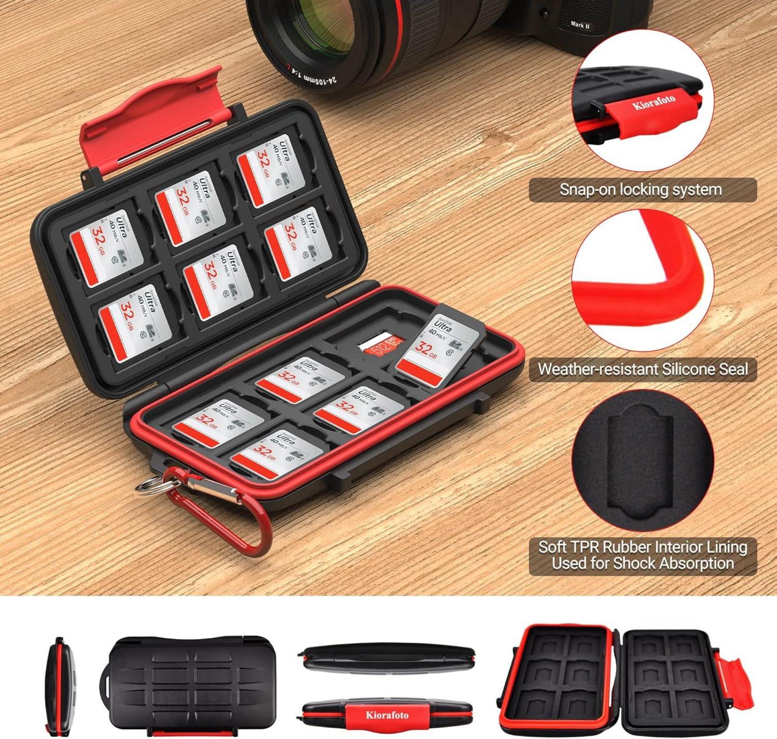 Kiorafoto SD Karten Aufbewahrung wasserdicht mit Karabiner, 24 Slots für 12 SD + 12 Micro SD